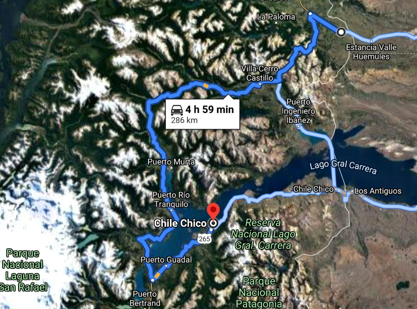 Mapa referencial de la ruta desde Balmaceda a Mallín Grande